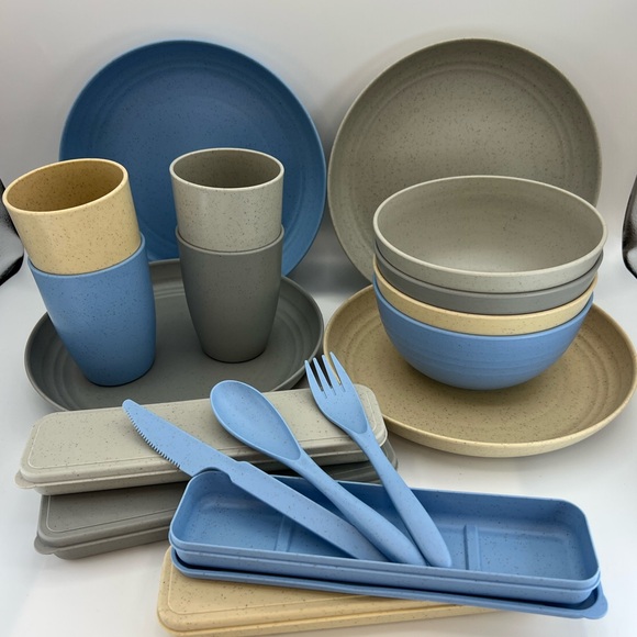 Foodle Wheat Straw Fiber Dinner Set Of 4 Plates Bowls Cups Cutlery Eco Friendly - Picture 1 of 14